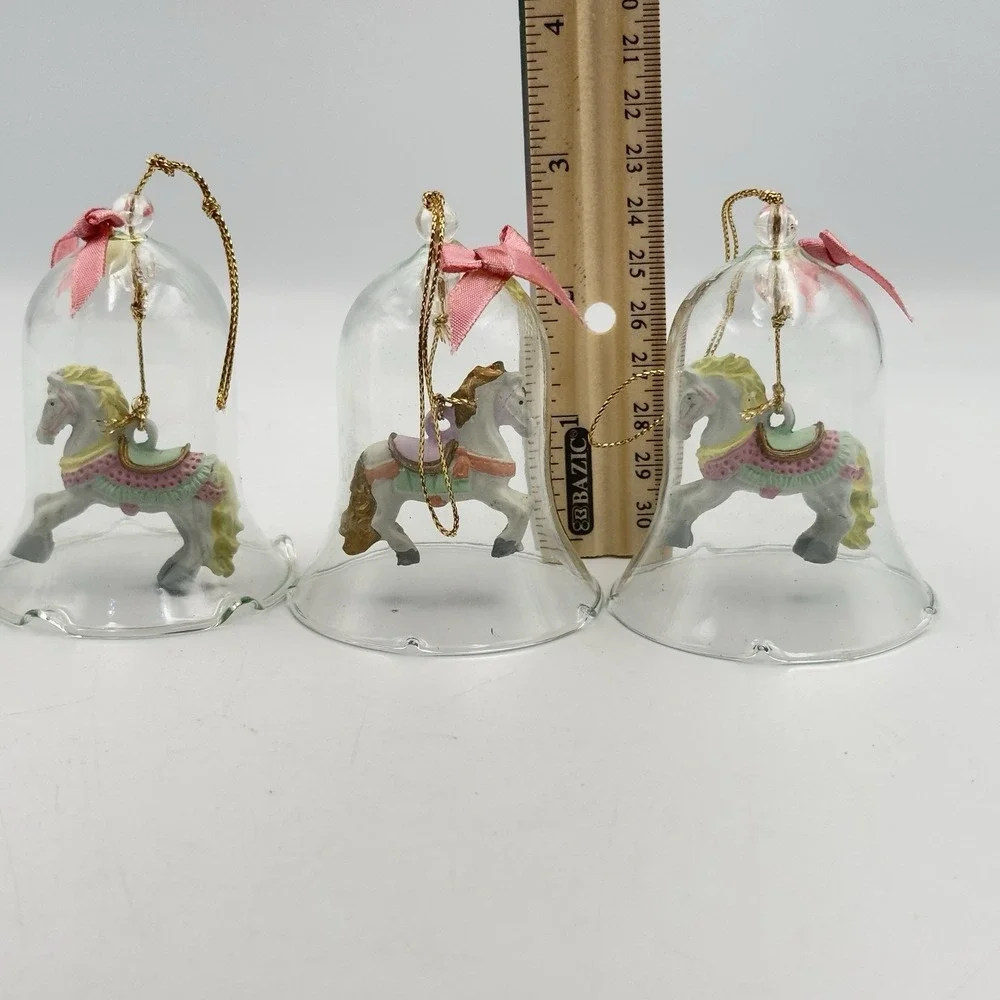 Vintage Set of 4 Clear Glass Bells with Carousel Horses Ornament Ruffled Edges‎
